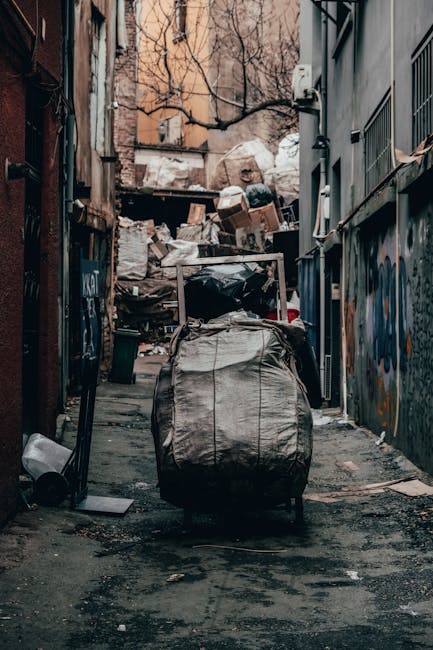 An urban alleyway with uneven, muddy ground scattered with debris and litter. The narrow space is enclosed by graffiti-covered brick walls on the left and a corrugated metal fence on the right, both showing signs of wear and weathering. Several large, white plastic storage containers and black garbage bins are lined up along the right side, some partially open or tipped over, with waste spilling out. In the foreground, a small red and white plastic bucket is placed on the ground. Further down the alley, additional green and black wheelie bins, some with lids closed and others open, are visible, along with a tower of stairs at the end of the alley leading to an upper level. Sparse patches of moss and dirt are present on the ground, illuminated by diffused natural light filtering from above, creating an environment suggestive of private waste disposal or on-site clearance, possibly handled by a rubbish removal service such as Rubbish Removal Bayswater. The scene portrays a typical alleyway used for waste storage or temporary rubbish collection in an urban setting.